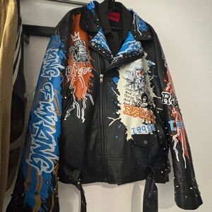 Edgy Black Leather Jacket with Graphic Design